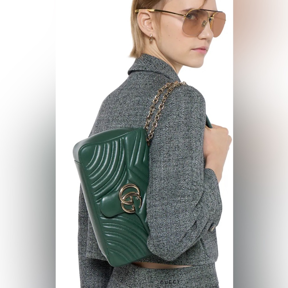 Designer Inspired Green Quilted Medium Shoulder Bag with Gold Chain and Dust Bag